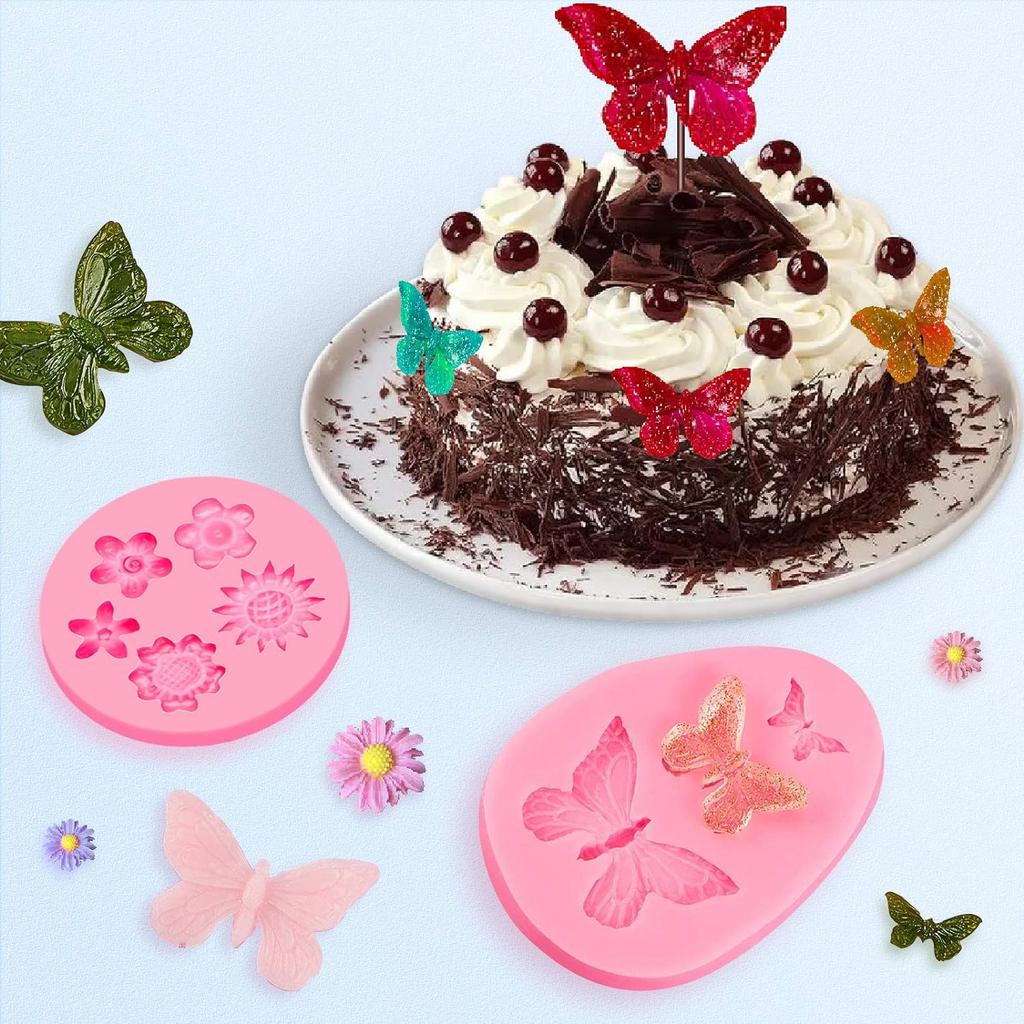 6-Piece Cake Molds Set, Flower/Butterfly/Leaf Shapes, Food-Grade Silicone, Pink Baking Tools