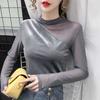 Elegant Golden Velvet Mesh Bottoming Shirt Women New Autumn Winter Long Sleeved Tshirt Top