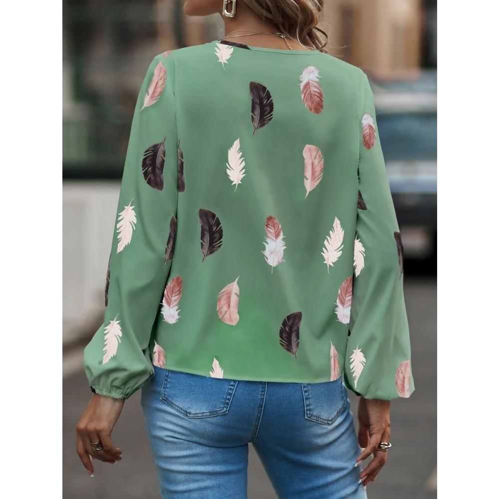 GMXIA Women's Spring Summer V-neck Feather Print Long Sleeve Loose T-shirt Top for Women