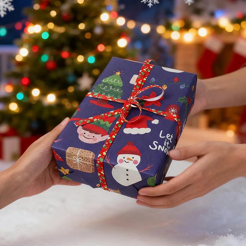 10M/roll Kraft Christmas Wrapping Paper Cartoon Santa Claus Elk Gift Box Packaging Material New Year Xmas Party Diy Decoration