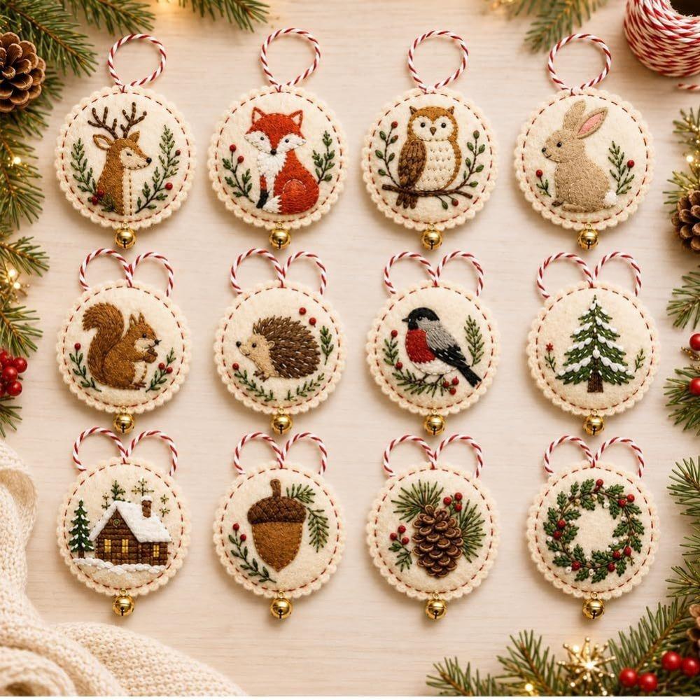 Round Xmas Tree Felt Embroidered Ornament Kit Pre-cut Felt Christmas Tree Pendant Kit  Gift