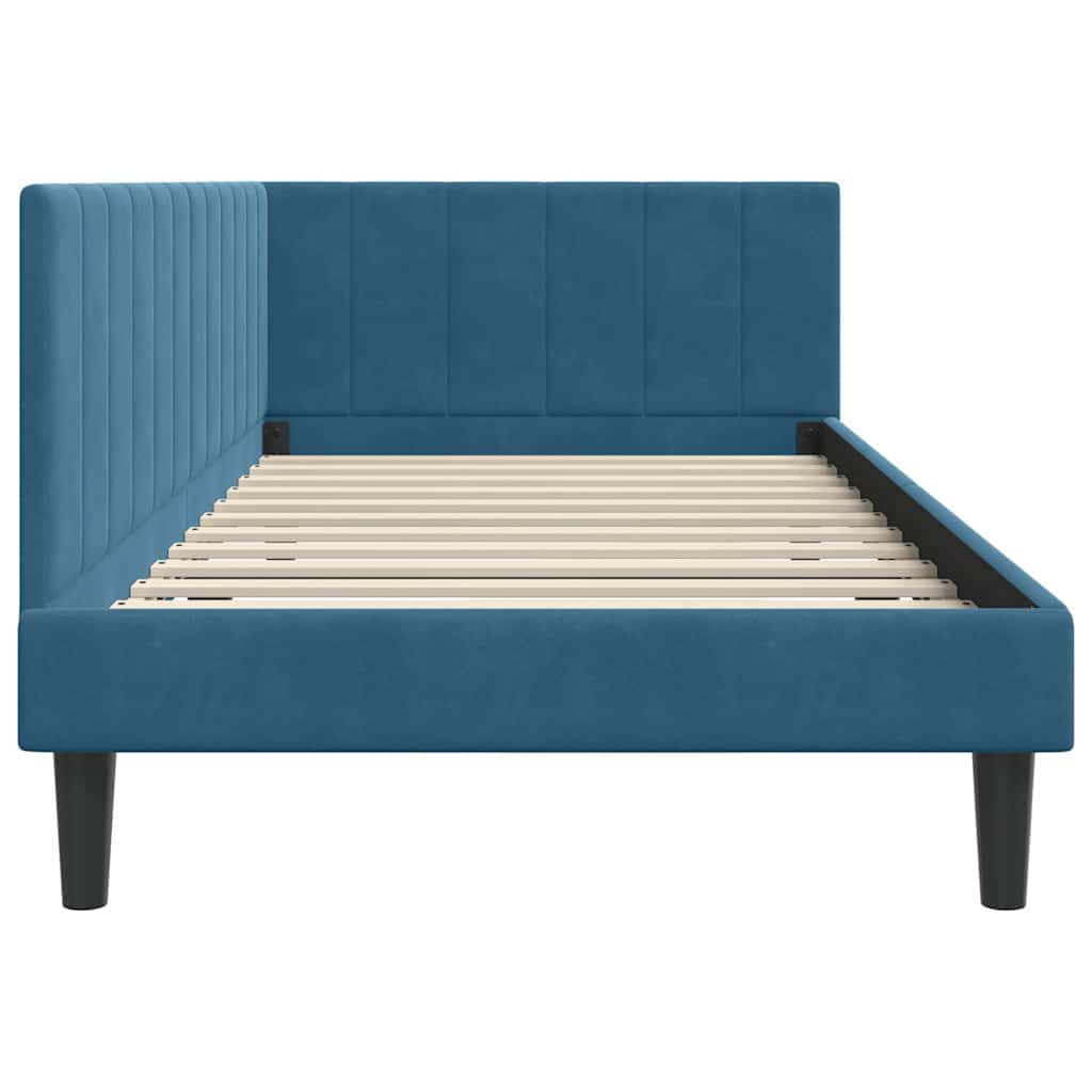 L shaped bed frame with headboard blue 90 cm x 200 cm velvet