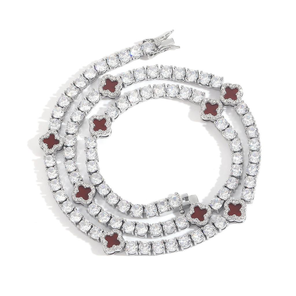 BES 4mm Iced Out 5A CZ Tennis Chain Red Four Leaf Clover Necklace Hip Hop Lucky Jewelry for Women Men