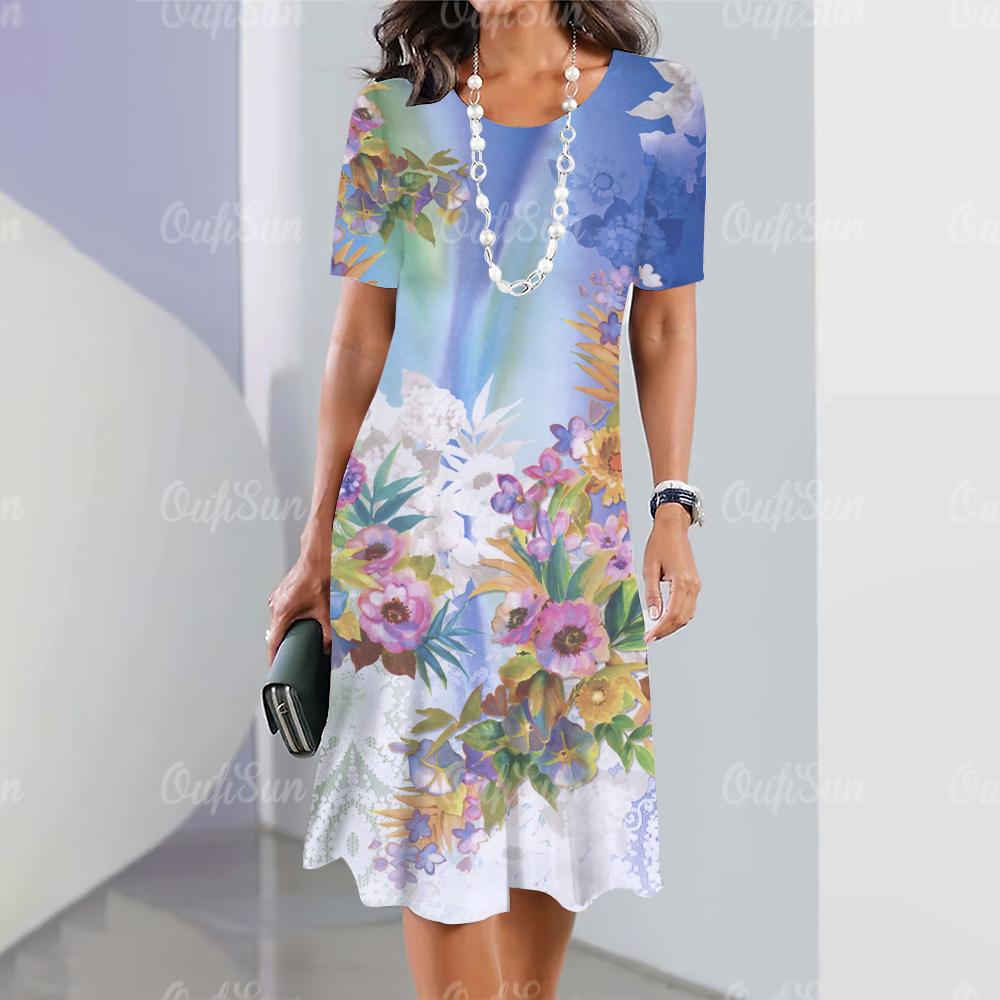 Женские платья 2024 Летние женские платья Винтажные принты Платья для путешествий Элегантная повседневная свободная блузка с коротким рукавом Y2k