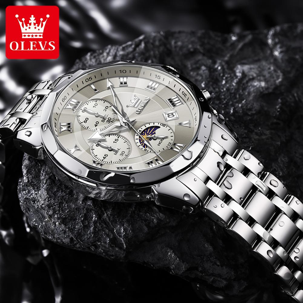 OLEVS 3675 Men Watch Brand Business Stainless Steel Date Chronograph Luxury Waterproof Moonphase Men Quartz Watch Reloj Hombre