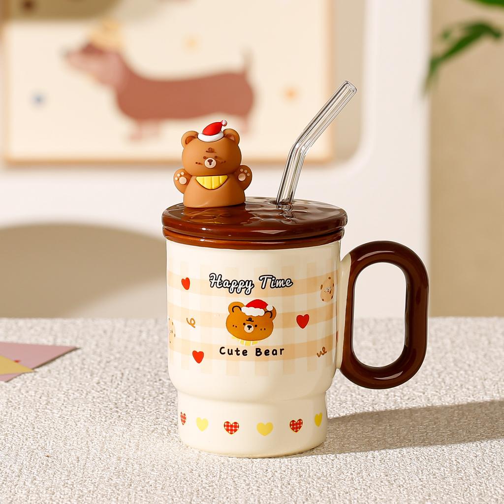 Соломенная кружка большой емкости с крышкой, высокоценная милая керамическая чашка с животным, бытовая чашка для воды, подарок для пары