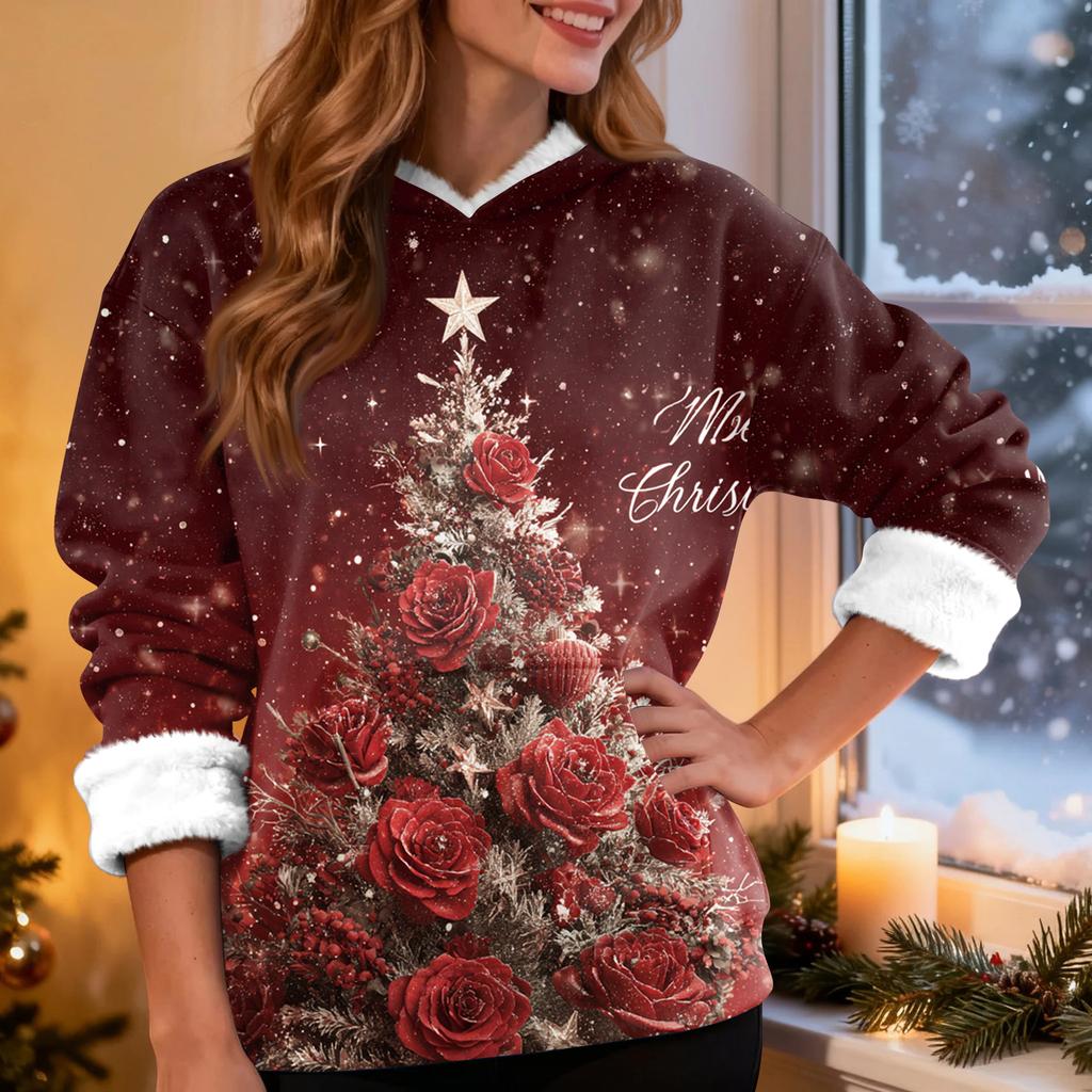 Women's Casual Fashion Plus Velvet Thickened Christmas Print Hooded Sweatshirt