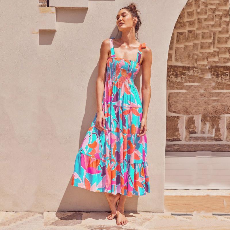 Длинное платье на бретельках с цветочным принтом для женщин с квадратным вырезом и высокой талией, платье макси без рукавов, летние каникулы, пляжное длинное платье, дышащее тонкое мягкое удобное платье