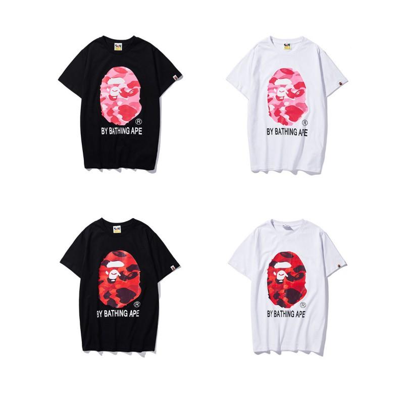 2026 BAPE Камуфляж с головой обезьяны Графическая футболка Унисекс Короткий рукав Круглый вырез Хлопковая футболка Мужчины Женщины