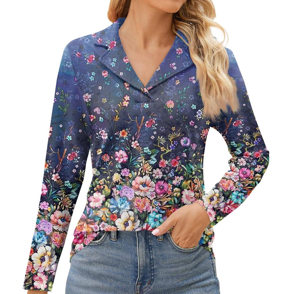 Женская мода для отдыха с длинным рукавом и V-образным вырезом с цветочным принтом