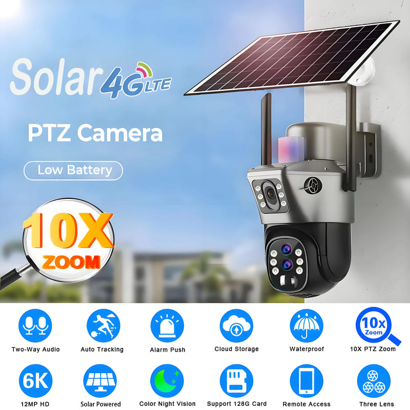 LS VISION 10x Zoom 4G SIM Solar Camera Outdoor 6K 12MP Three Lens HD Night Vision IP Surveillance Camera Security Protection PTZ CCTV Cam
