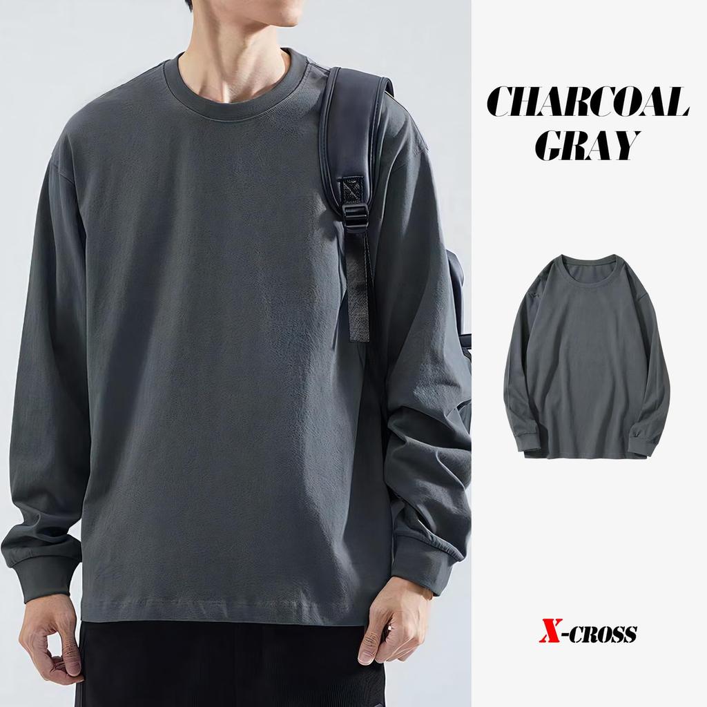 Long Sleeve Cotton Plus Crew Loose Long American Adult Charcoal X-cross Men's T-Shirt, Size, Summer, Simple, Neck, Casual, Stylish, Streetwear, Cool,