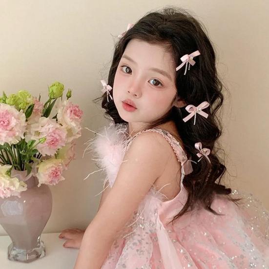 2Pcs Hairpin Soft Ribbon Bowknot Decor Smooth Edges No Hair Pulling Rhinestone Bow Chain Tassels Hair Clip Kids Hair Accessories