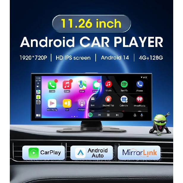 11,26-дюймовый Автомобильный видеорегистратор Android 14 4G+64G 4G LTE WIFI Видеорегистратор Carplay Android Auto Двойная камера Запись 1080P Поддержка Youtube Netflix