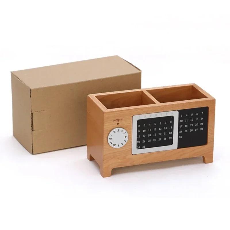 Multifunctional Wooden Desktop Organizer - Calendar & Pen Pencil Holder for Home Office