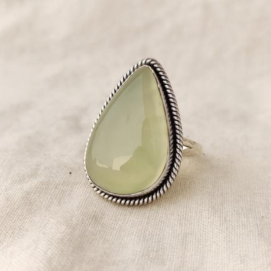 Green Prehnite Ring, 925 Sterling Silver, Handcrafted Minimalist Pear Cut Gemstone Jewelry