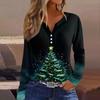 Женская футболка с рождественским принтом на пуговицах с длинным рукавом, повседневная, выходного дня, модная, базовая, с V-образным вырезом, обычная