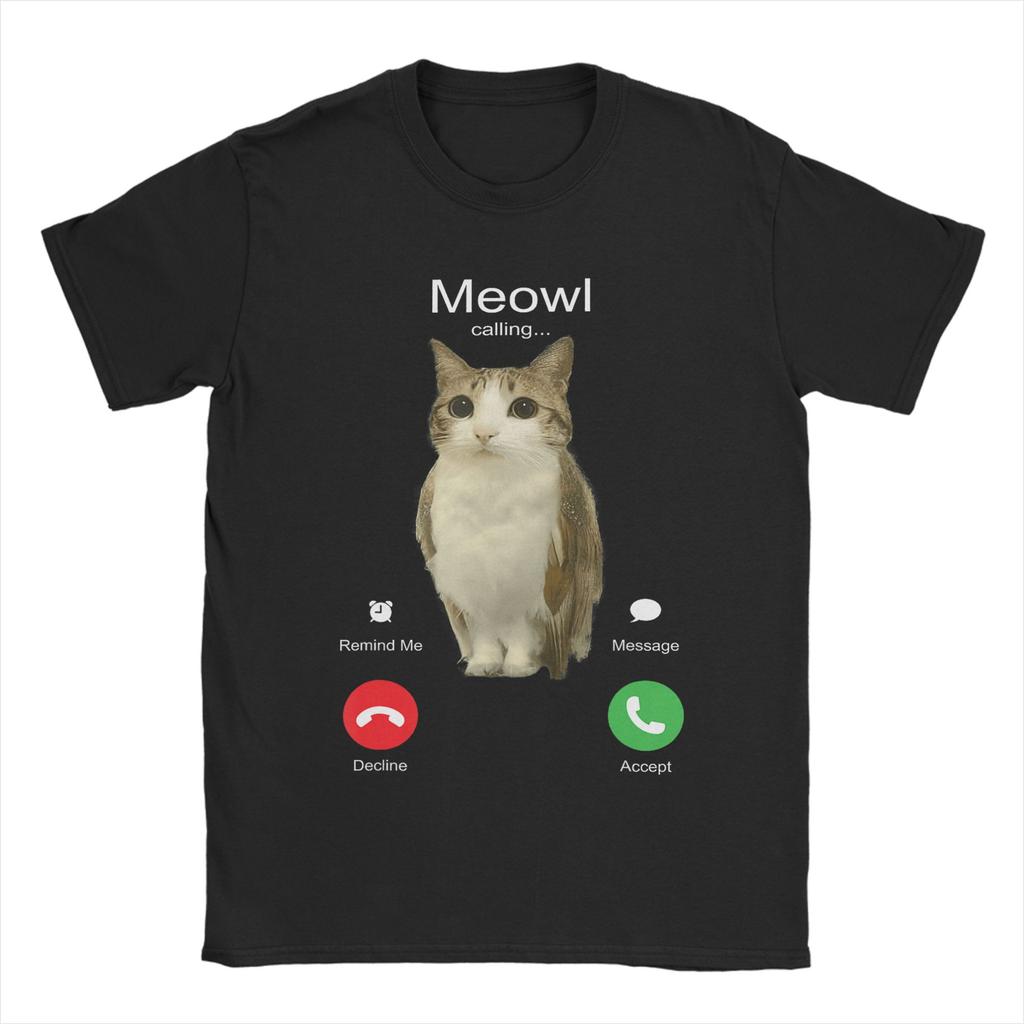 Мужская футболка Meowl Is Calling Телефонный звонок Мем Мозговая гниль Забавная кошка Сова Хлопковые футболки Футболки с коротким рукавом Круглый вырез Одежда
