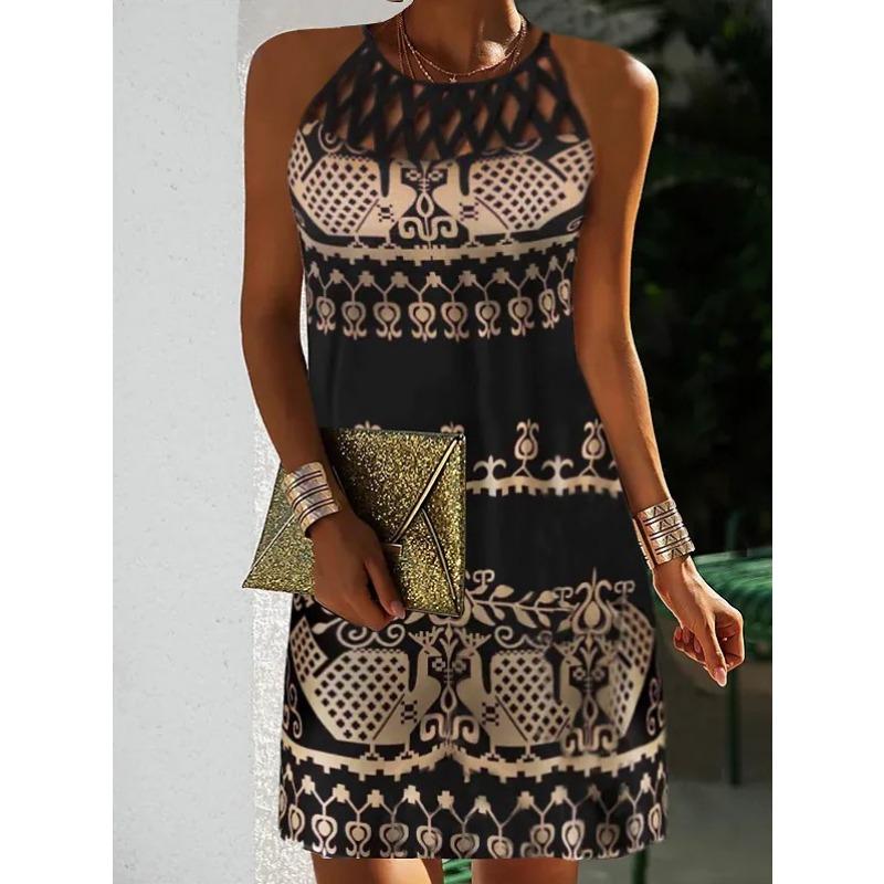 GMXIA National Style Positioning Print Mesh with Sleeveless Casual Dress for Women