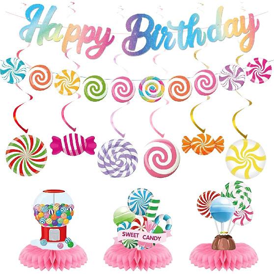 Candyland Party Decorations Banner Girls - 14 Pcs Sweet Candy Themed Birthday Party Banner Swirls Lollipop Honeycome Table Decor For Candyland Baby
