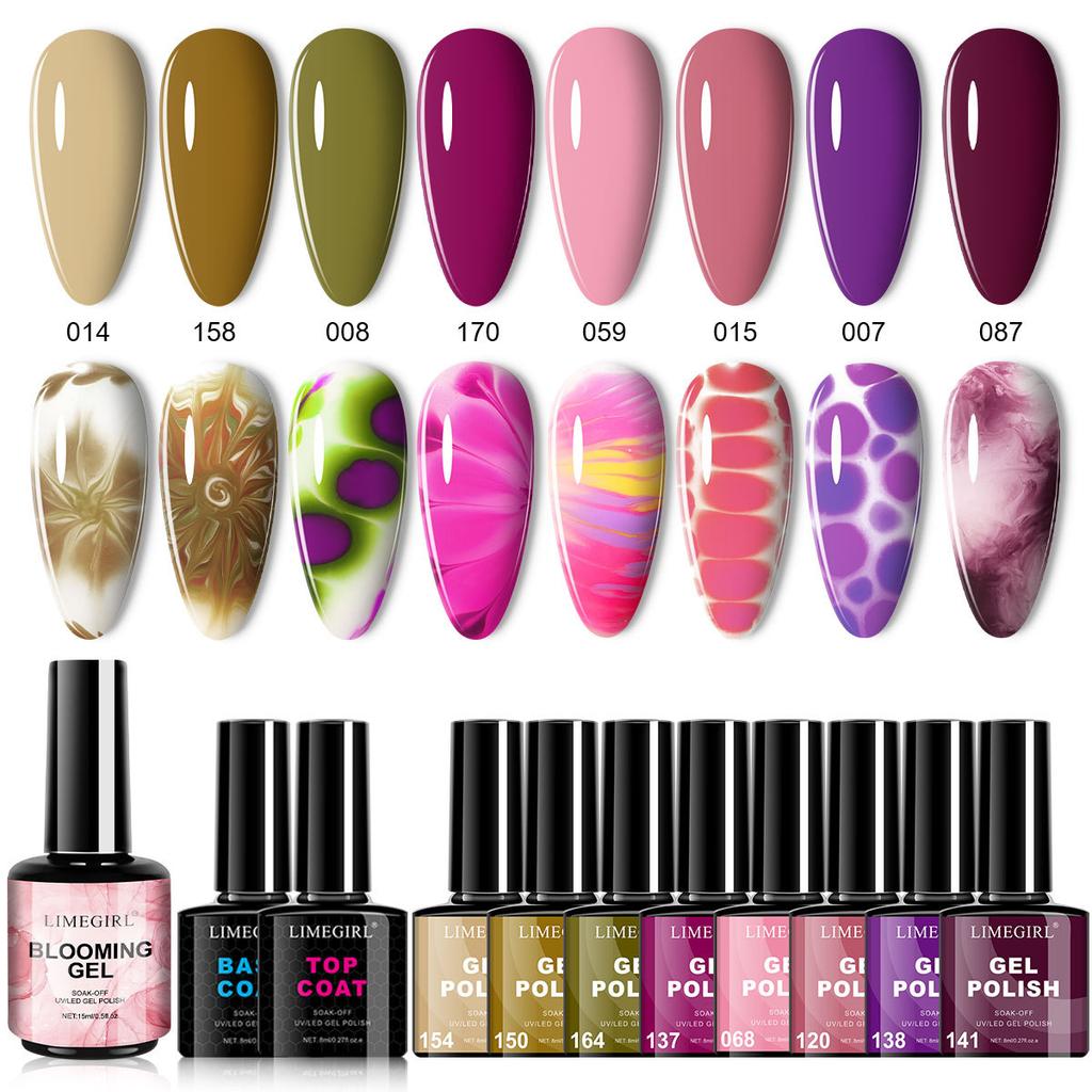 8 Color Marbling Gel Nail Polish Set, Trending Colors Soak Off Gel Nail Art Kit with No Wipe Top Coat