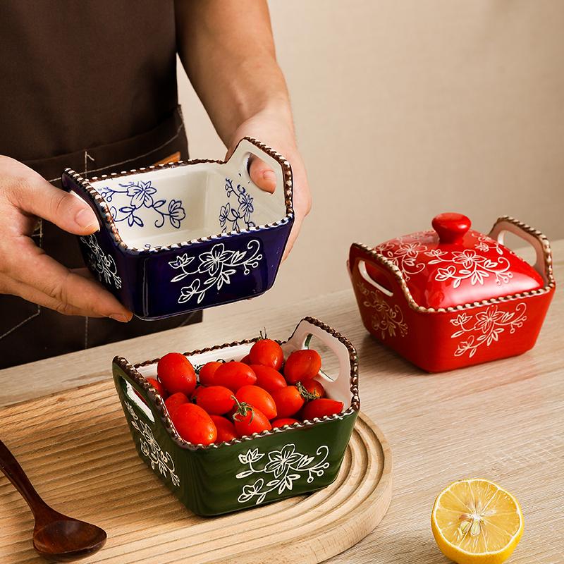 Ceramic Microwave Baking Bowl Home Hand-painted Isolation Painted with Lid Bead Point Snack Candy Dried Fruit Bowl with Cover