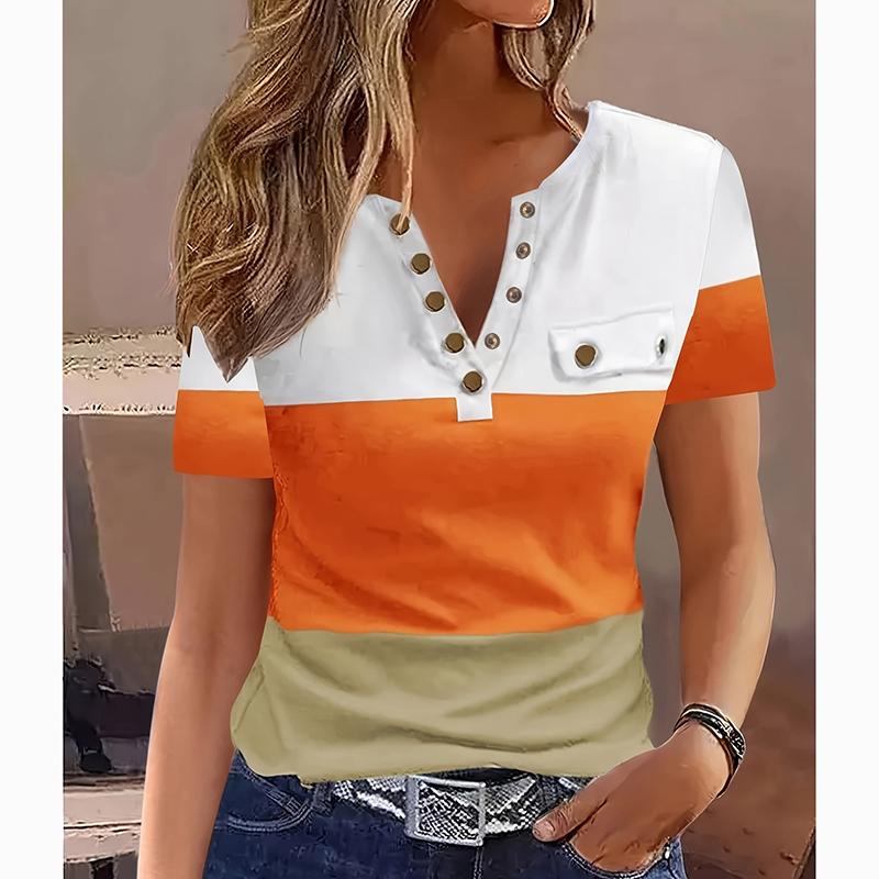 Новая модная повседневная футболка в стиле пэчворк контрастного цвета для женщин, летние топы на пуговицах, простые футболки для женщин, элегантная футболка больших размеров для женщин, одежда 24521