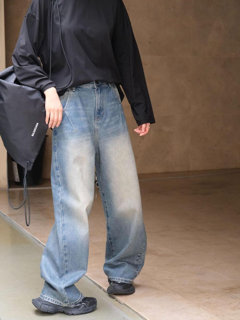 Джинсы-палаццо Louvre Retro с восковым покрытием для женщин - Модная корейская мода Осень/Зима