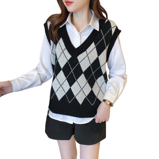 Женский вязаный жилет с ромбовидным узором, свободный, с V-образным вырезом, без рукавов, пуловер, майка, повседневный школьный свитер-топ