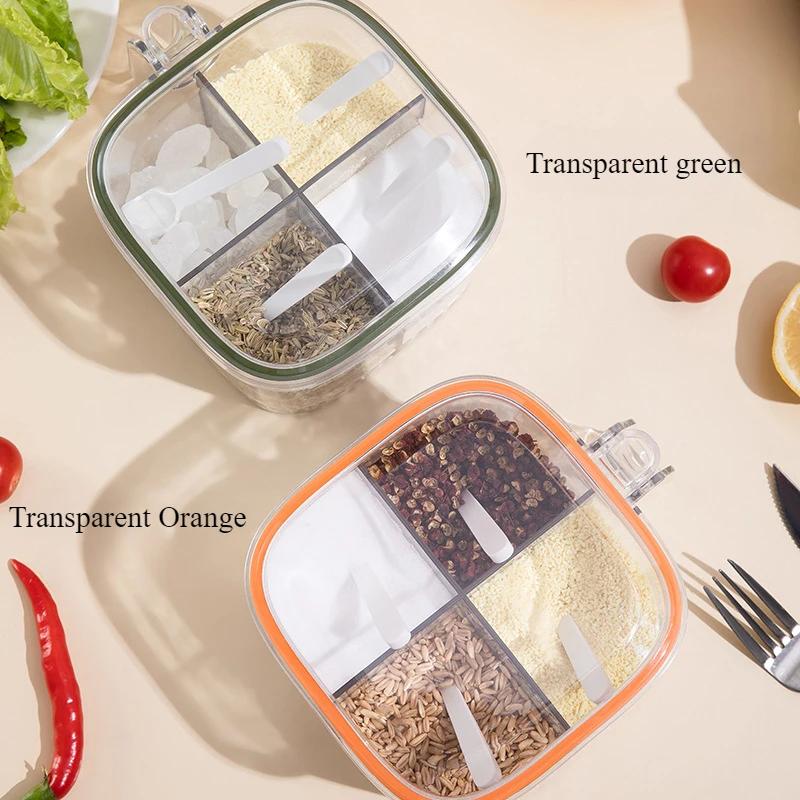 Kitchen Seasoning Box 4Grids Sealed Clear Lid Home Salt Storage Container Spice Can Chili Powder Jar Sugar Bowl Pepper Condiment