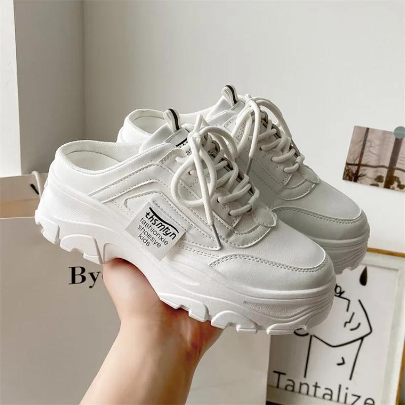 2024 Spring Summer New Half Slippers Baotou Without Heels Inside Increase Women's Platform Sneakers Outdoor Canvas Casual Shoes