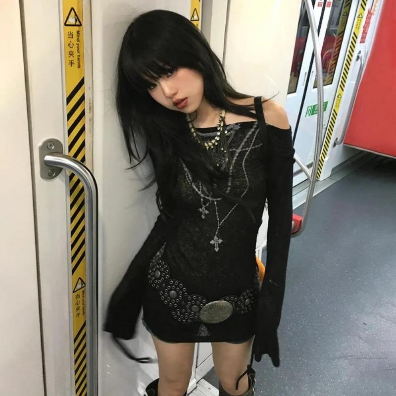 2KWEIRD Японские вязаные топы Y2k Гранж принт тату Футболка с длинным рукавом В рубчик Винтаж Харадзюку Трикотаж с присборками 2000-е Готика