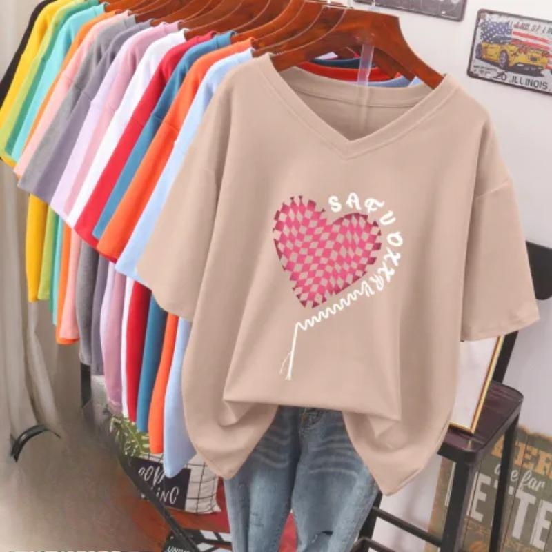 Футболка с коротким рукавом, Свободного кроя, Приталенный топ с V-образным вырезом с принтом для женщин