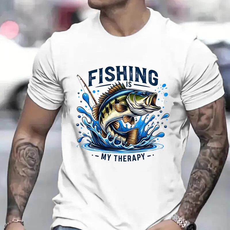 Unisex Crew Neck Bass Fishing Therapy Graphic Short Sleeve Cotton Tee Casual Summer Streetwear Loose Basic Daily Outdoor Wear Top
