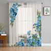 Blue Don'T Forget Me Watercolor Flowers Window Curtains For Living Room Bedroom Kitchen Chiffon Sheer Window Treatment