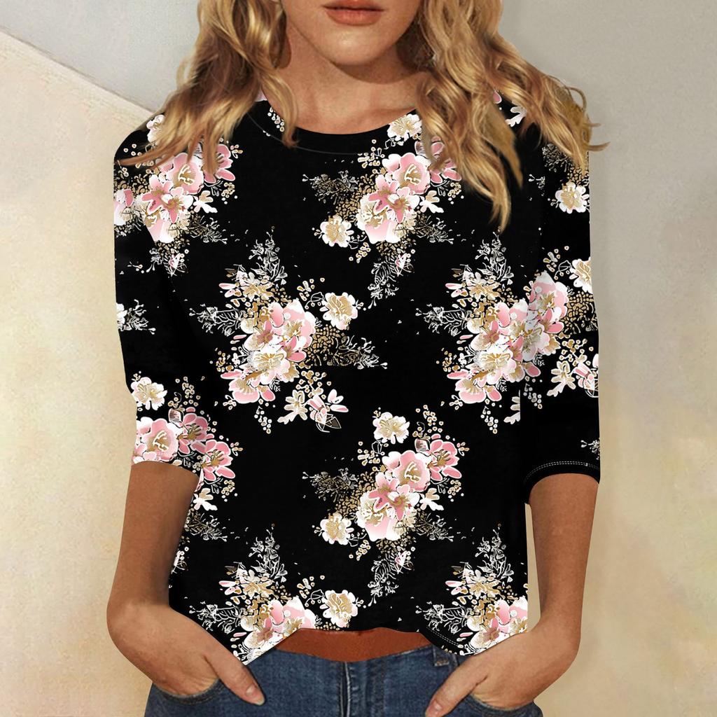 Women's Fashion Casual Three-quarter Sleeve Vintage Floral Print Round Neck Top