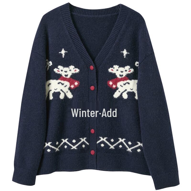 Sancai Plus Size V-Neck Jacquard Knitted Cardigan