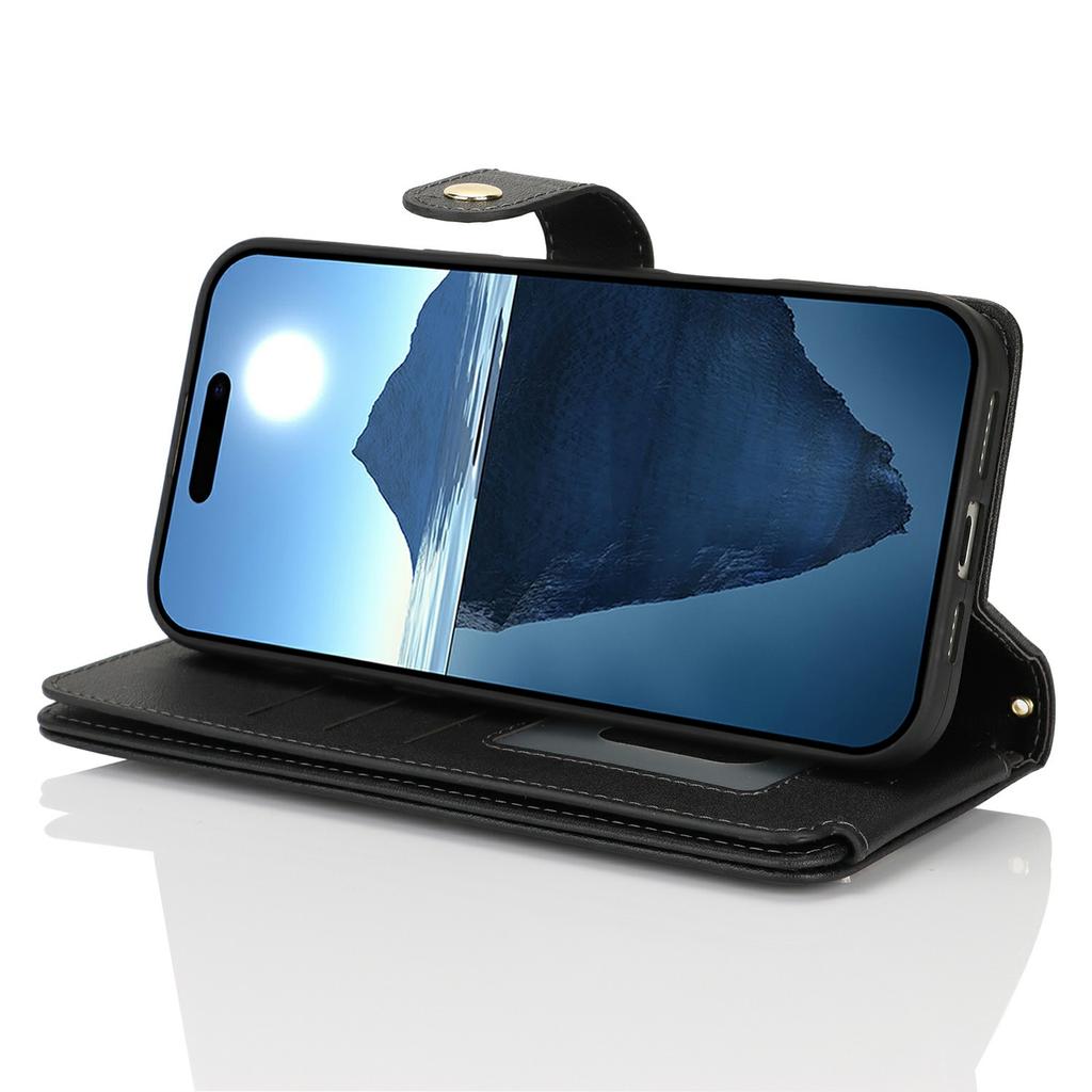 For iPhone 16 Stand Case PU Leather Phone Cover with Straps/Zipper Wallet/Multiple Card Slots