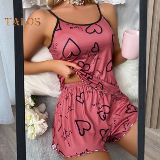 Женский пижамный комплект из 2 шт./компл., с круглым вырезом, без рукавов, с сердечным принтом, на бретелях, эластичный топ с высокой талией и гофрированными краями, шорты свободного покроя, домашняя одежда, жилет, шорты, комплект