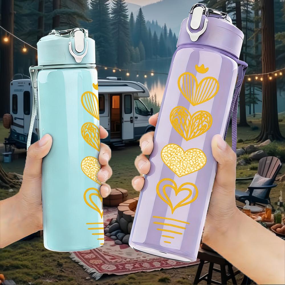 1PC Stack Golden Heart Silhouette 750ml Color Plastic Sports Water Bottle Leakproof Flip Straw Lid For Sports Office Home Use