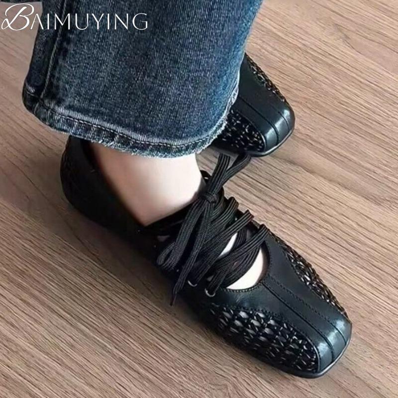 Lace-Up Flats Ballet Shoes Square Toe Weave Women Sandals Sport Casual Sneaker 2025 Trend Summer Shallow Soft Leather Sandalias