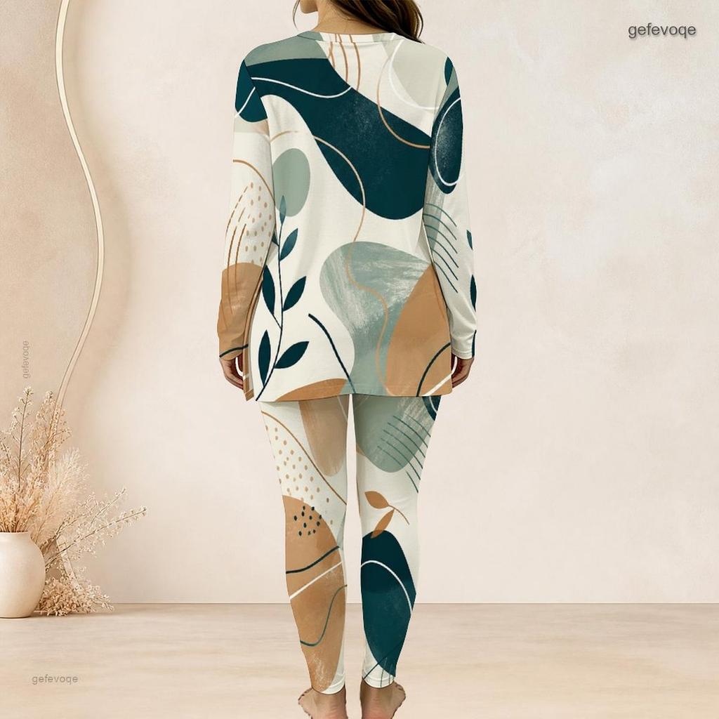 Women Plus Size Beige Blue Orange Printed Two Piece Set Half Zip Long Sleeve Longline Top Fitted Pants