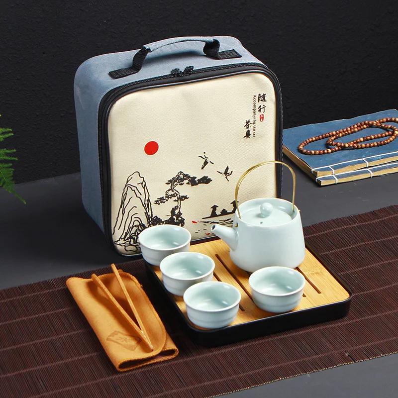 Portable Ceramic Teaware Set with Bag, Teapot Travel Teaware, Gaiwan Tea Cups of Tea Ceremony, Chinese Kung Fu Teaset