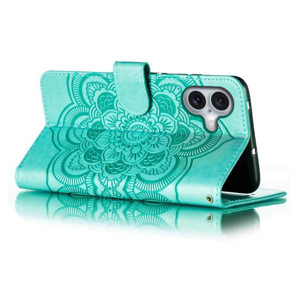 For iPhone 16 Case PU Leather Mandala Imprinted Design Wallet Phone Cover - Green