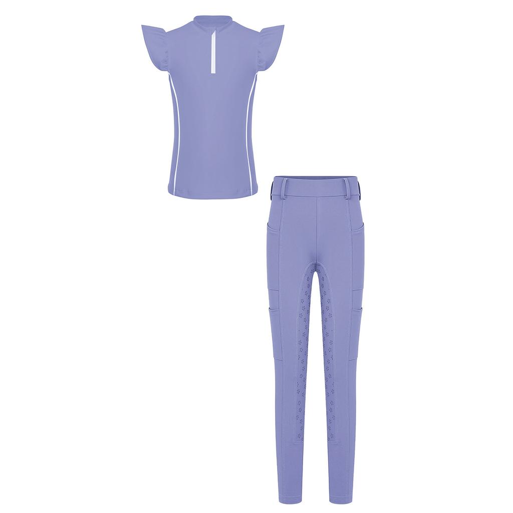 Girls Equestrian Riding Zip Up Stand Collar Ruffled Sleeves Contrast Trim Top Anti Slip Full Seat Breeches Outfit