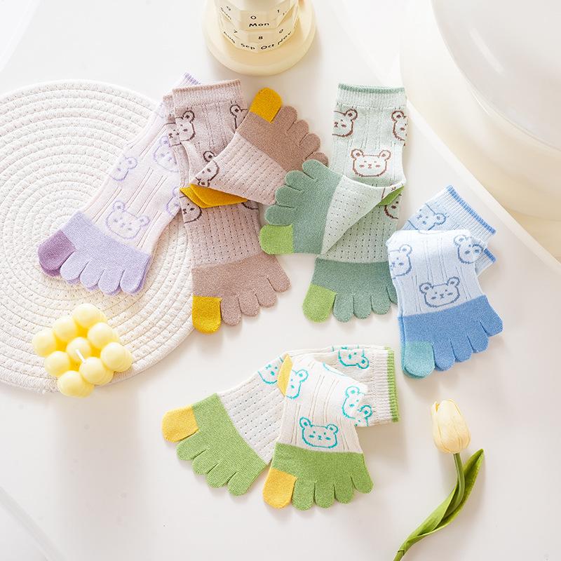 5 пар детских сетчатых носков с раздельными пальцами, летние тонкие милые носки из хлопка и стекла с мультяшной головой медведя, с пятью пальцами, для маленьких мальчиков и девочек