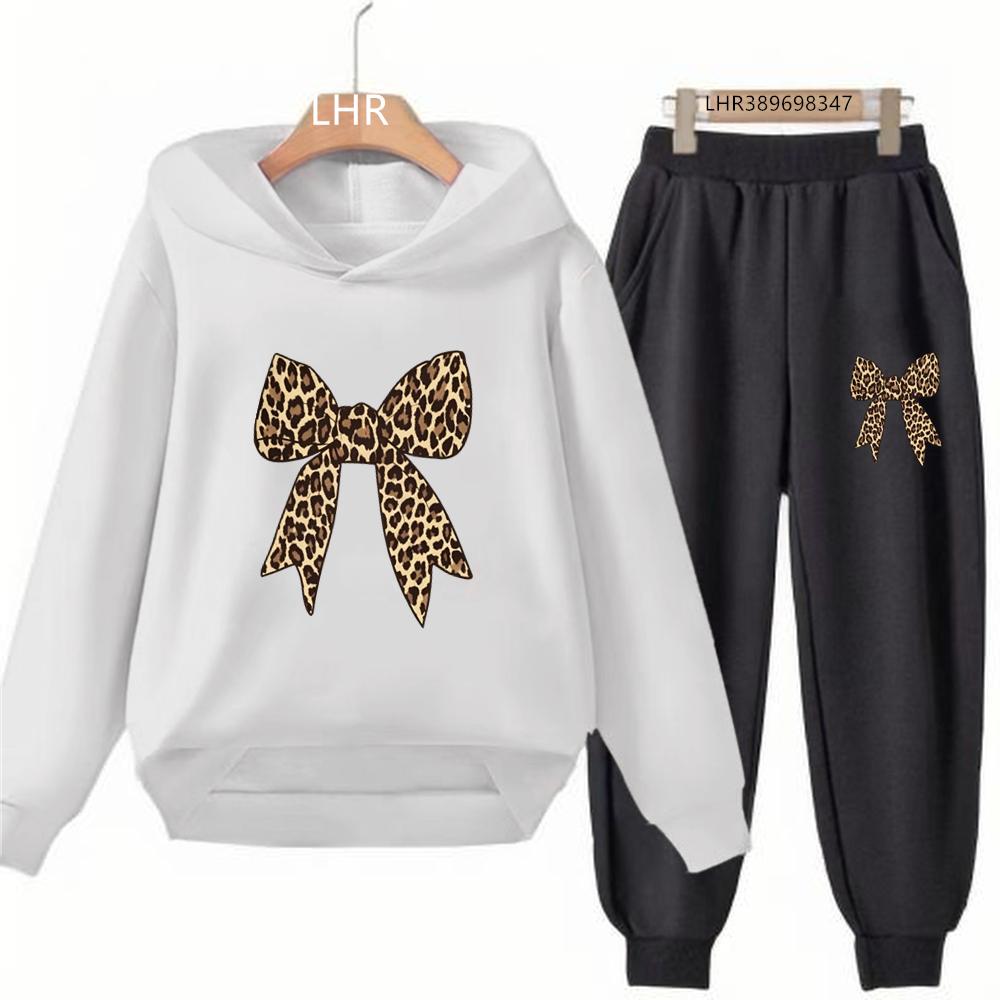 Leopard Print Bow Children's Hoodies Suit Suitable Age 3-12 Girls Coat Toddler Long Sleeves Leisure Print Autumn Clothing