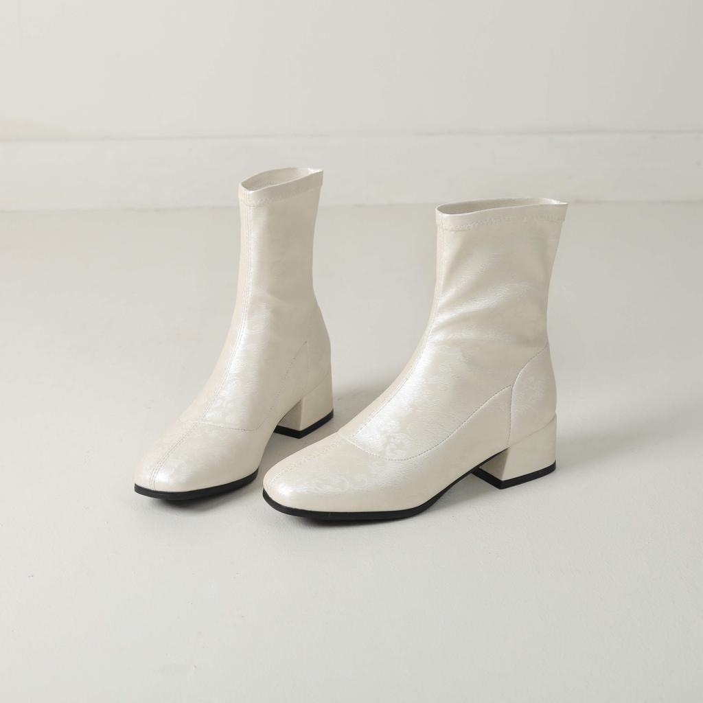 lenkisen PU Autumn Winter Shoes Thick Med Heels Printing Oriental Design Chelsea Boots Keep Warm Fashion Ankle Boots