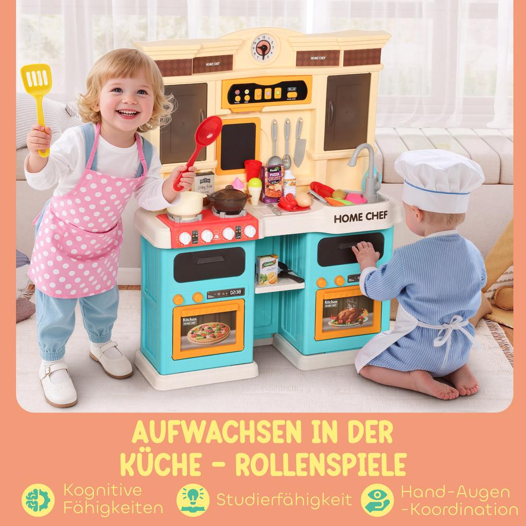 Play Kitchen with Flowing Water, 85-Piece Accessories, Electric Faucet, Lights, Sounds, for Children 3-6 Years, Plastic, Green