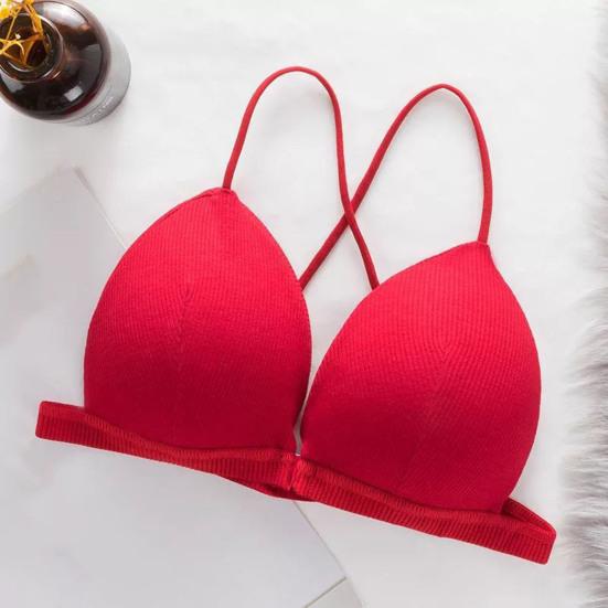 Women Solid Color Bra Triangle Cup Thin Straps Wrapping Chest Front Buckle Wireless Ribbed